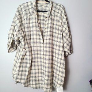Wrap London Blue/White Plaid Collared Button Down Long Linen Lagenlook Top - 18